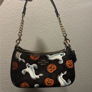 Halloween Coach Brown Shoulder Bag with Ghost and Pumpkin Design